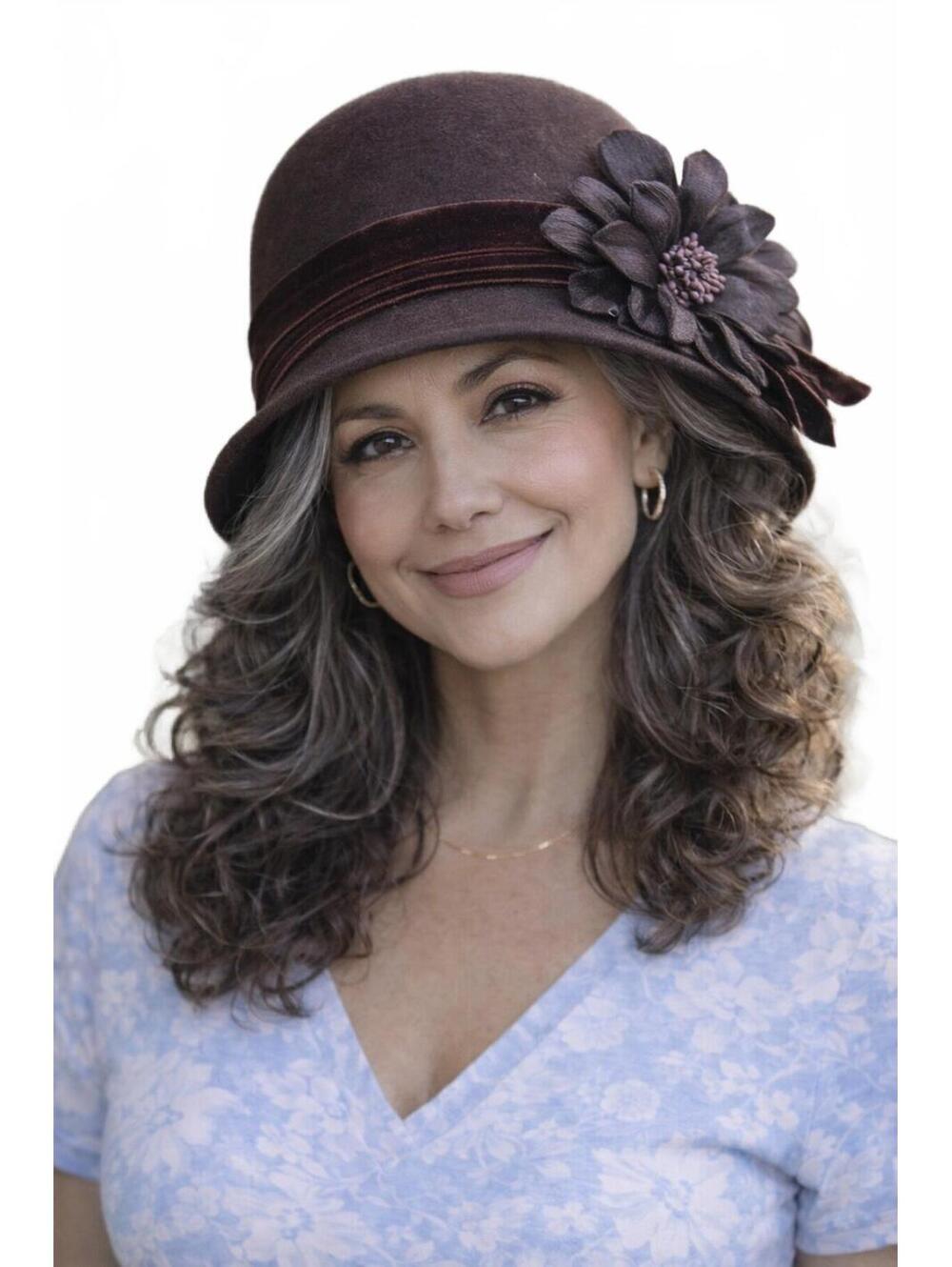Giovannio Brown Wool Felt Vintage Cloche Hat with Flower